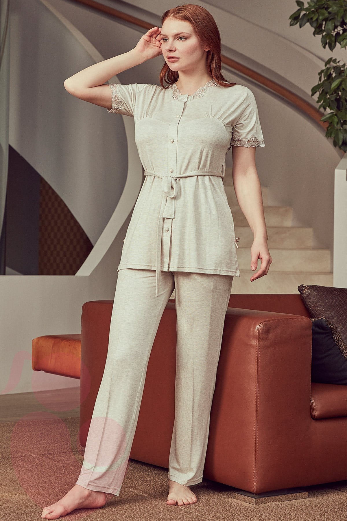 Bone 4921 Melanj Bej Önden Düğmeli Lohusa Pijama Takımı