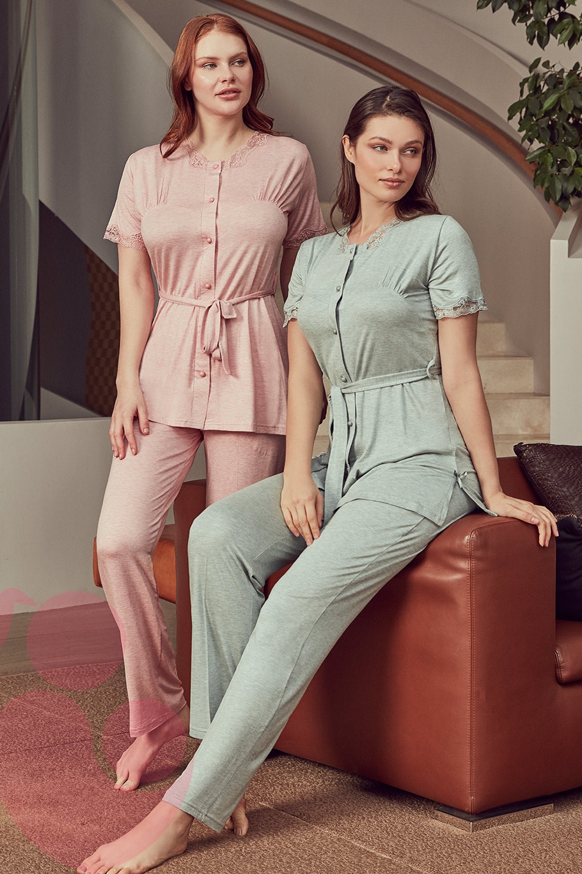 Bone 4921 Melanj Önden Düğmeli Lohusa Pijama Takımı