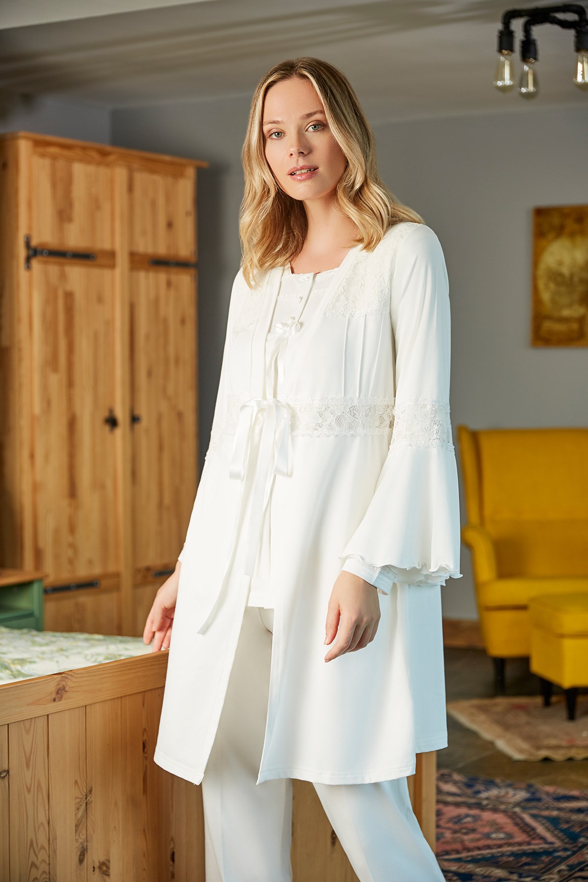 Bone 5103 Ekru Nevrürlü Sabahlıklı Lohusa Pijama