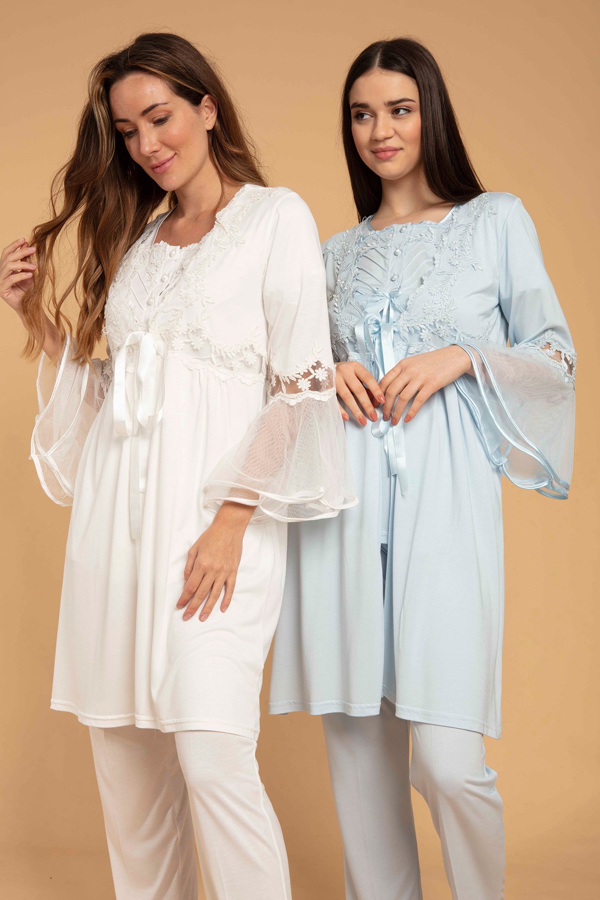 Bone 5208 Kolları Tül Dantel Detaylı Sabahlıklı Lohusa Pijama