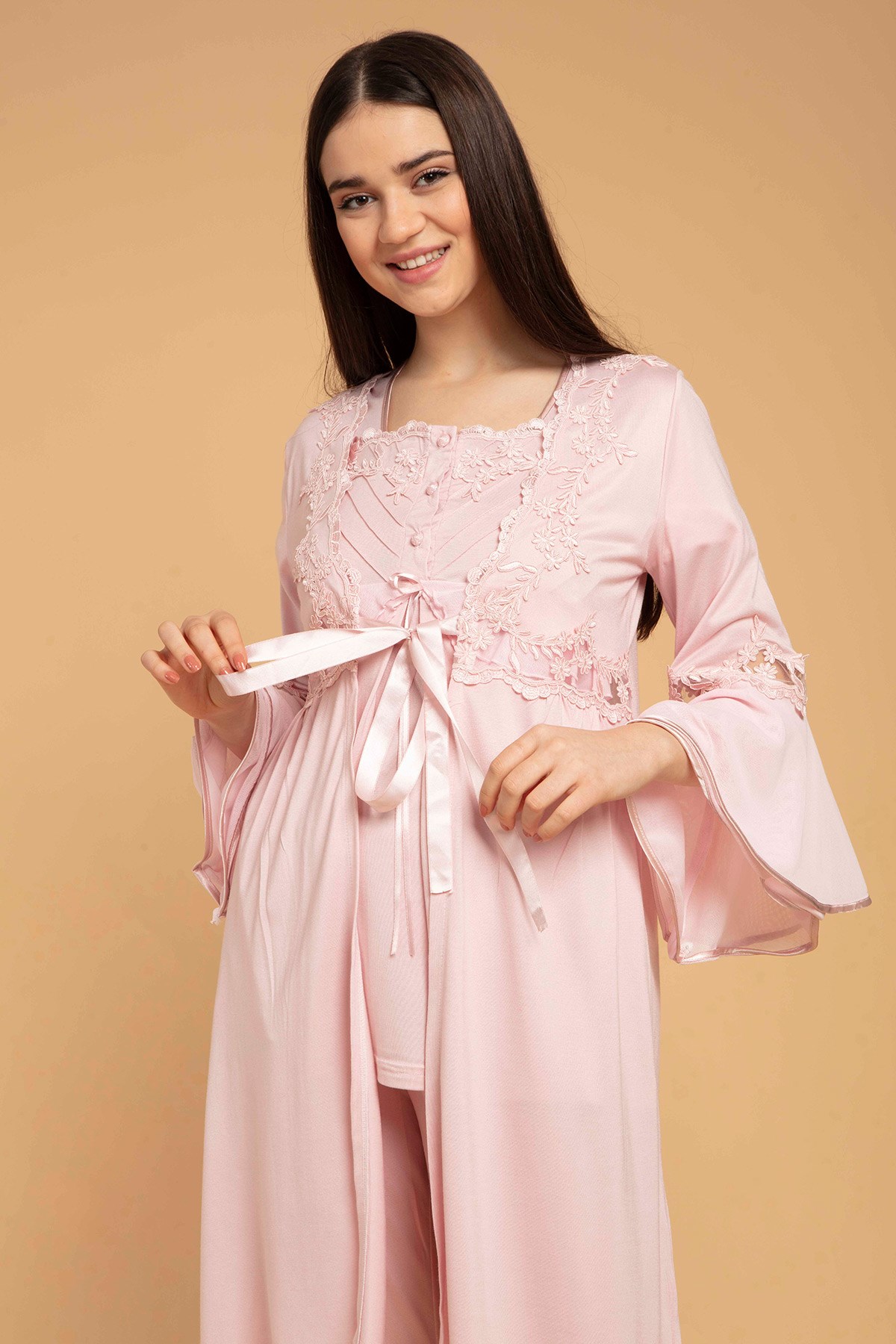Bone 5208 Pudra Kolları Tül Dantel Detaylı Sabahlıklı Lohusa Pijama