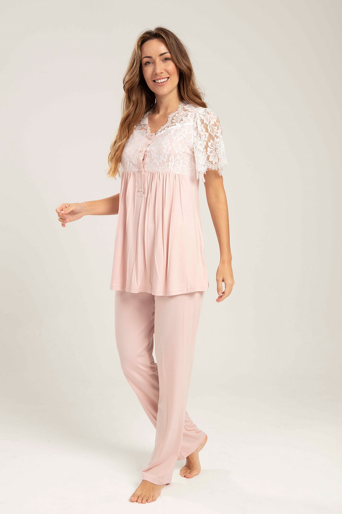 Bone 5210 Pudra Dantel Detaylı Lohusa Pijama