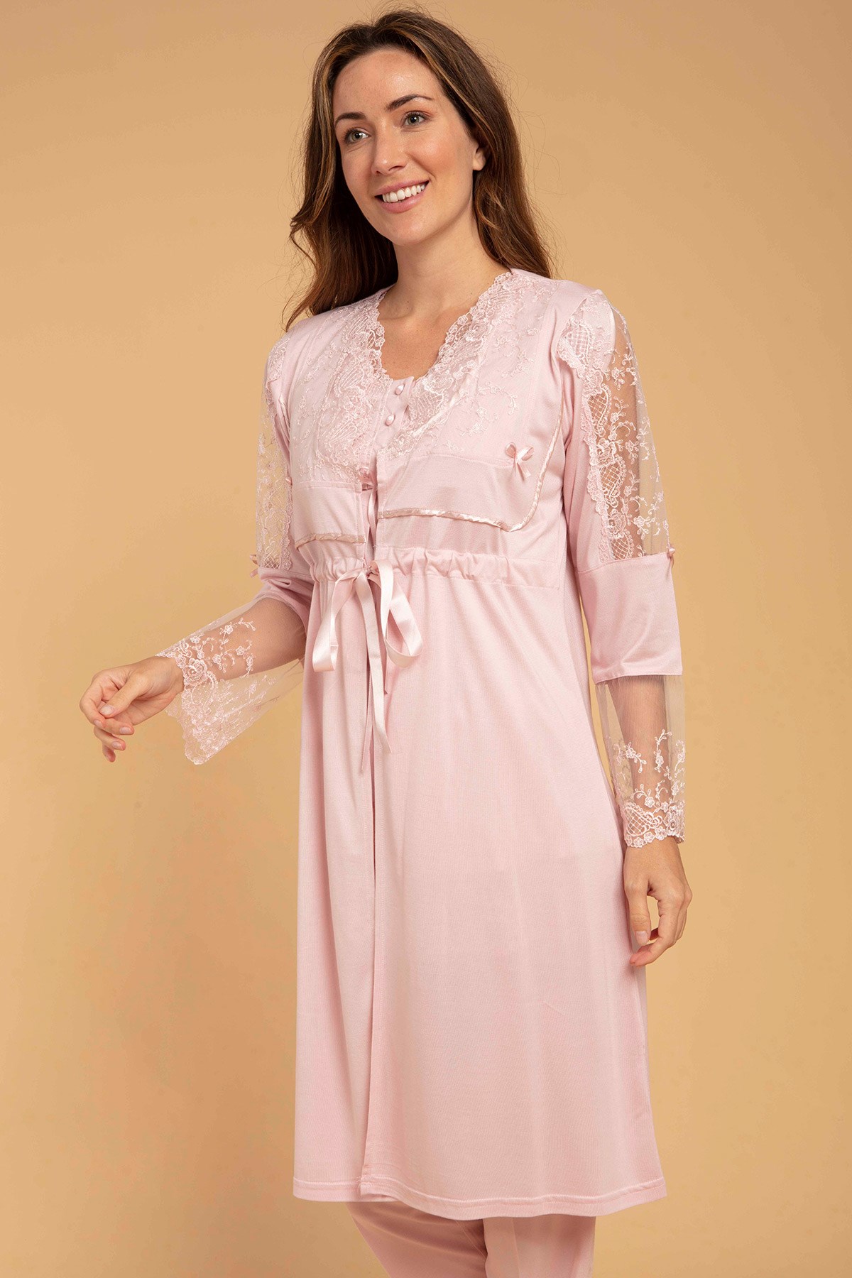Bone 5213 Pudra Dantel Sabahlıklı Lohusa Pijama Takımı