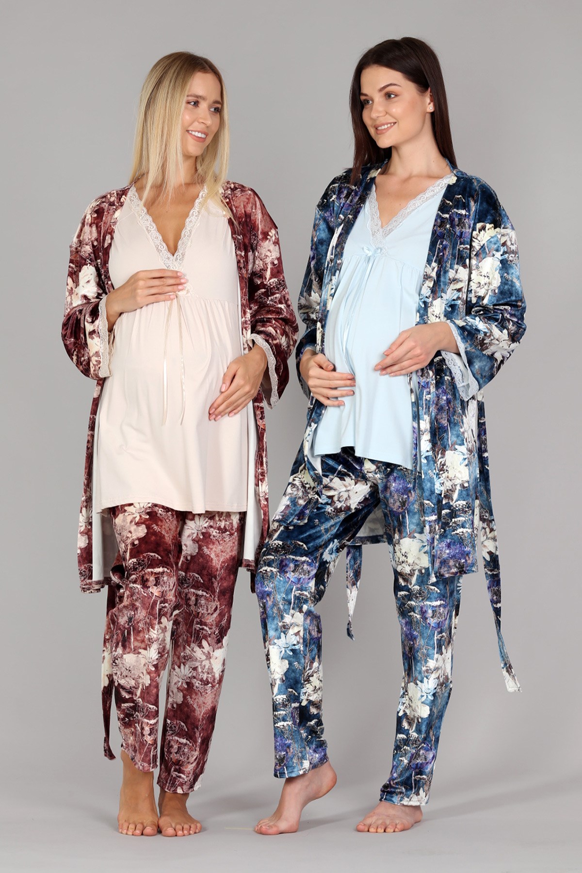 Bone 5301 Desen Kadife Sabahlıklı Hamile Lohusa Pijama Takımı