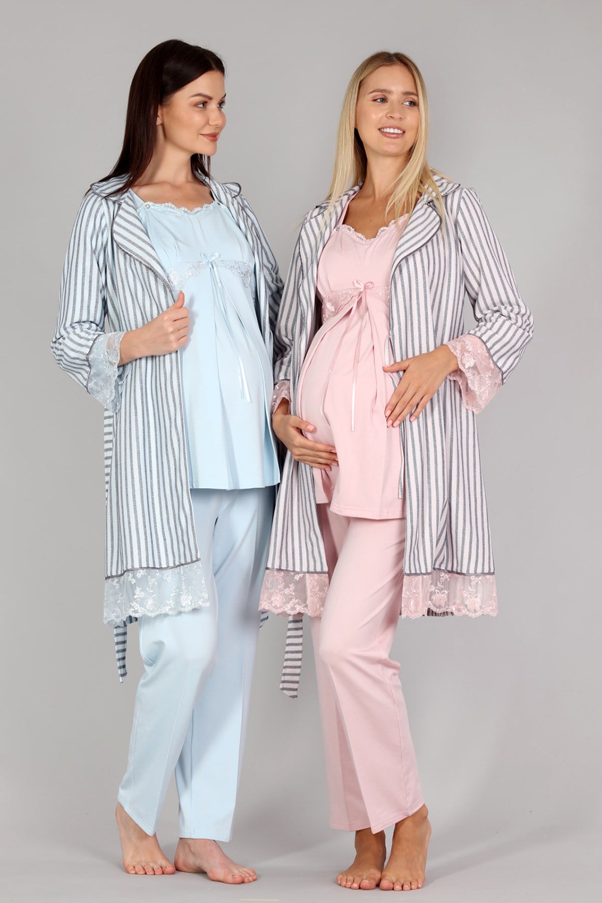 Bone 5303 Çizgili Dokuma Sabahlıklı Lohusa Pijama Takımı