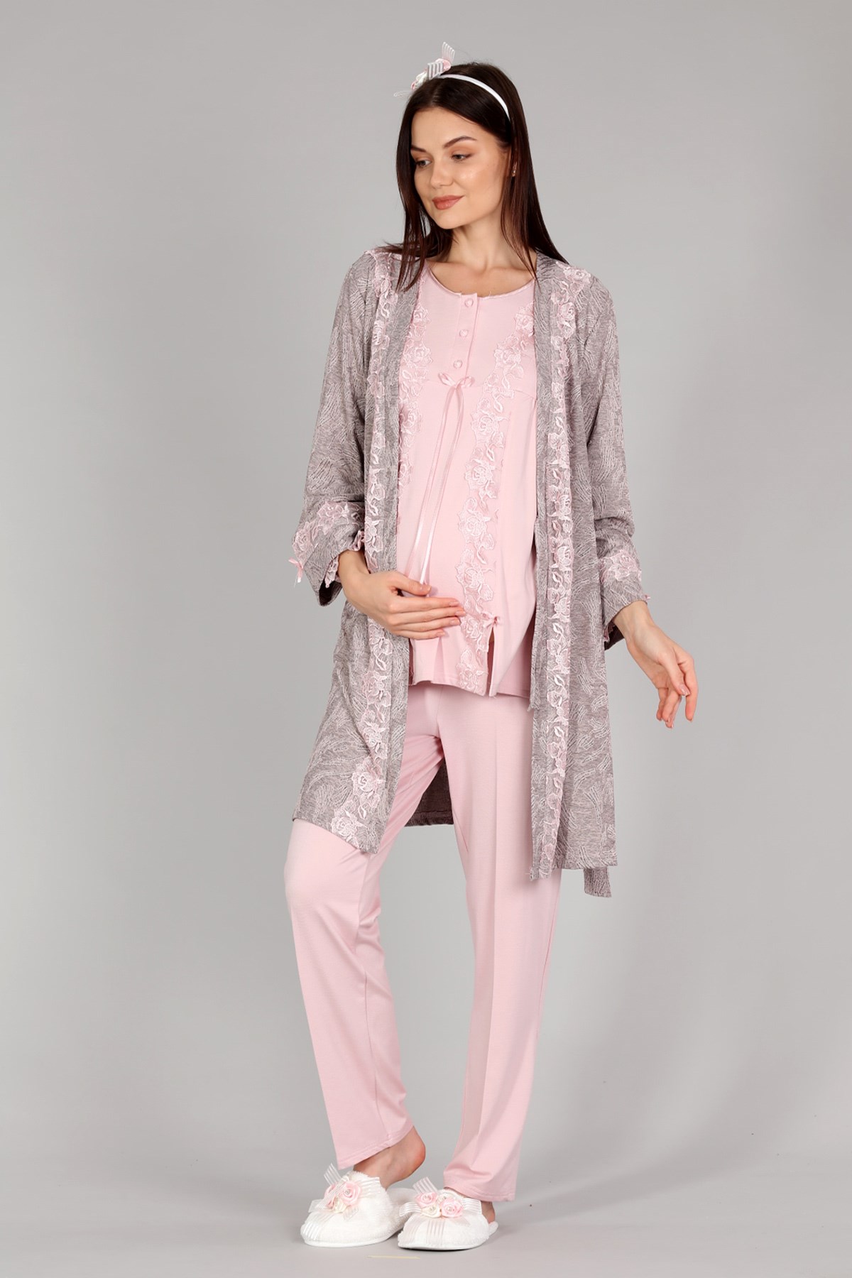 Bone 5307 Pudra Jakar Sabahlıklı Lohusa Pijama Takımı