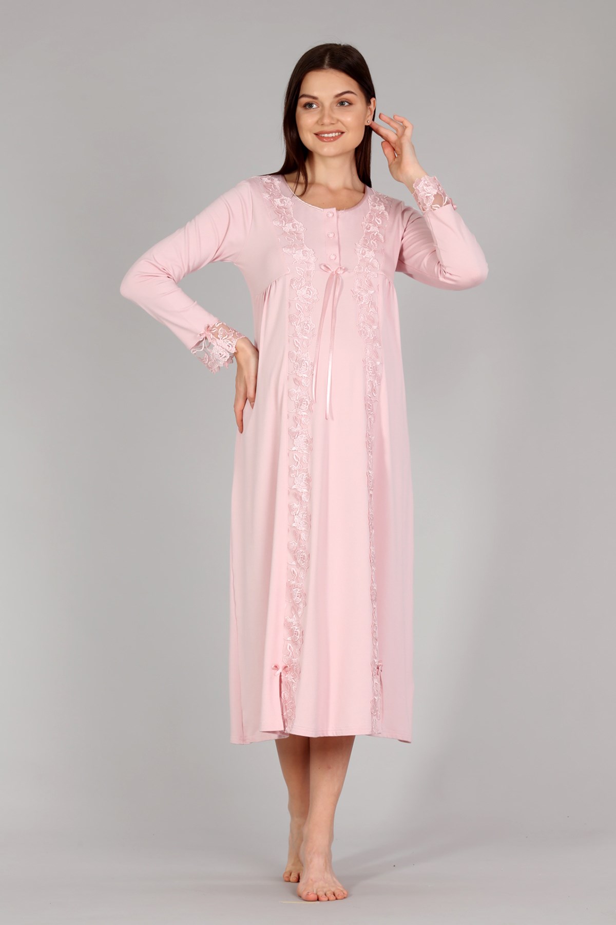 Bone 5308 Pudra Dantel Şerit Detaylı Lohusa Gecelik