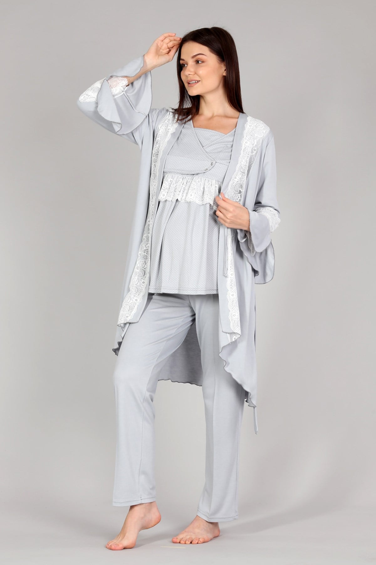 Bone 5315 Gri Puan Dantel Detaylı Sabahlıklı Hamile Lohusa Pijama Takımı