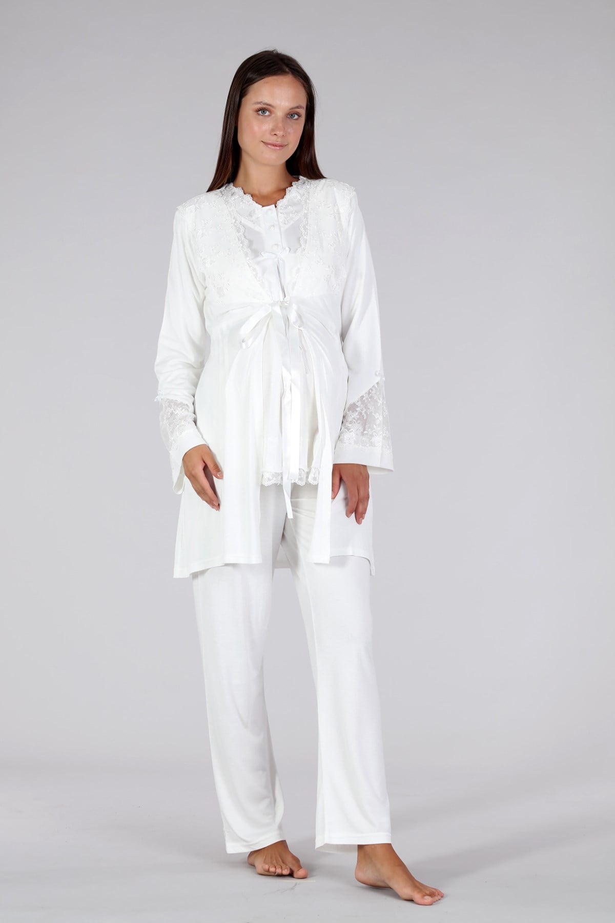 Bone 5319 Ekru Dantel Sabahlıklı Lohusa Pijama Takımı
