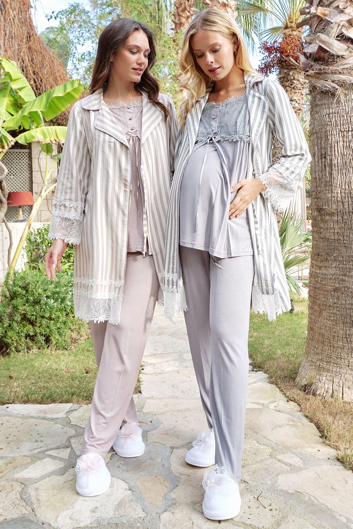 Bone 5601 Çizgili Sabahlıklı Dantel Detaylı Lohusa Pijama Takımı