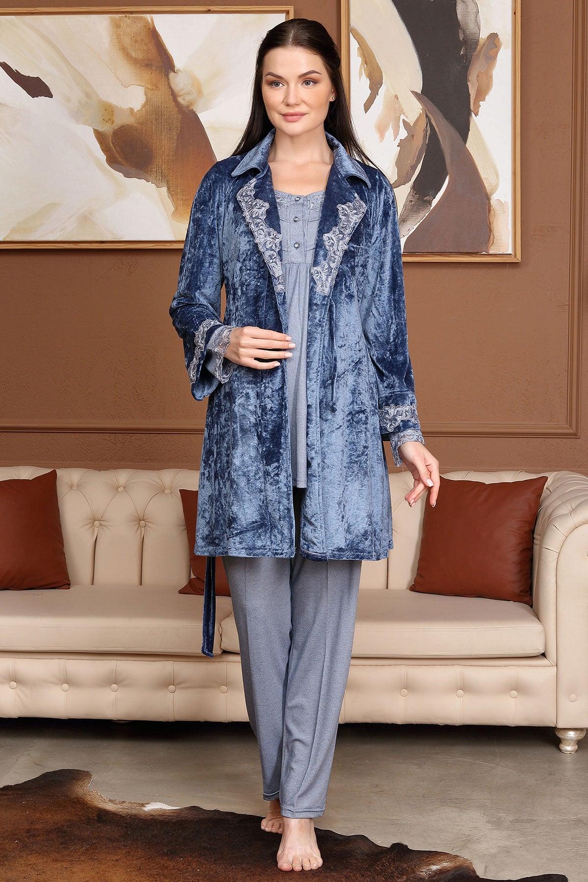 Bone 5704 indigo Kadife Sabahlıklı Dantel Yaka Sabahlıklı Lohusa Pijama Takımı