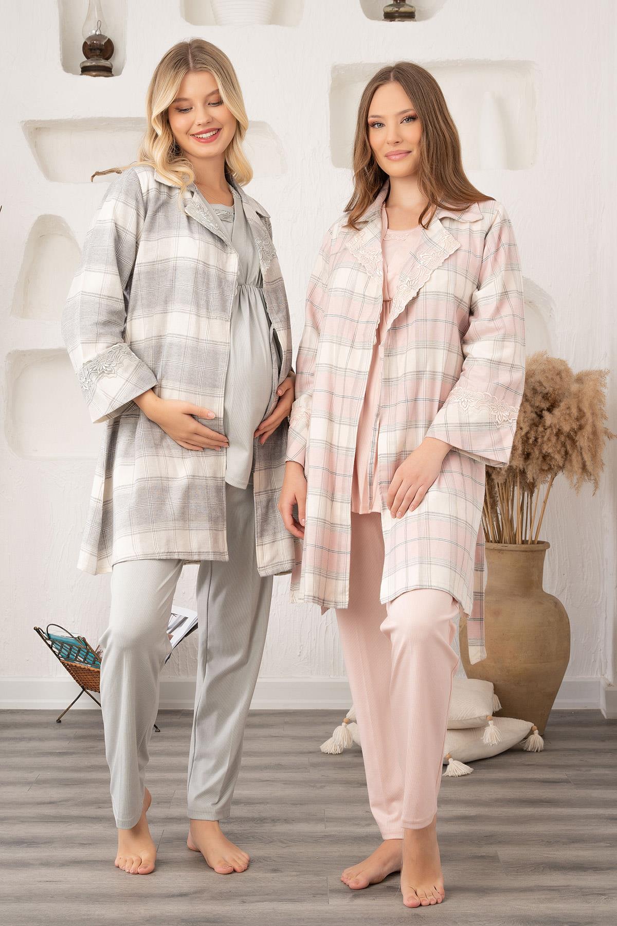 Bone 5903 Ekose Sabahlıklı Uzun Kol Lohusa Pijama Takımı