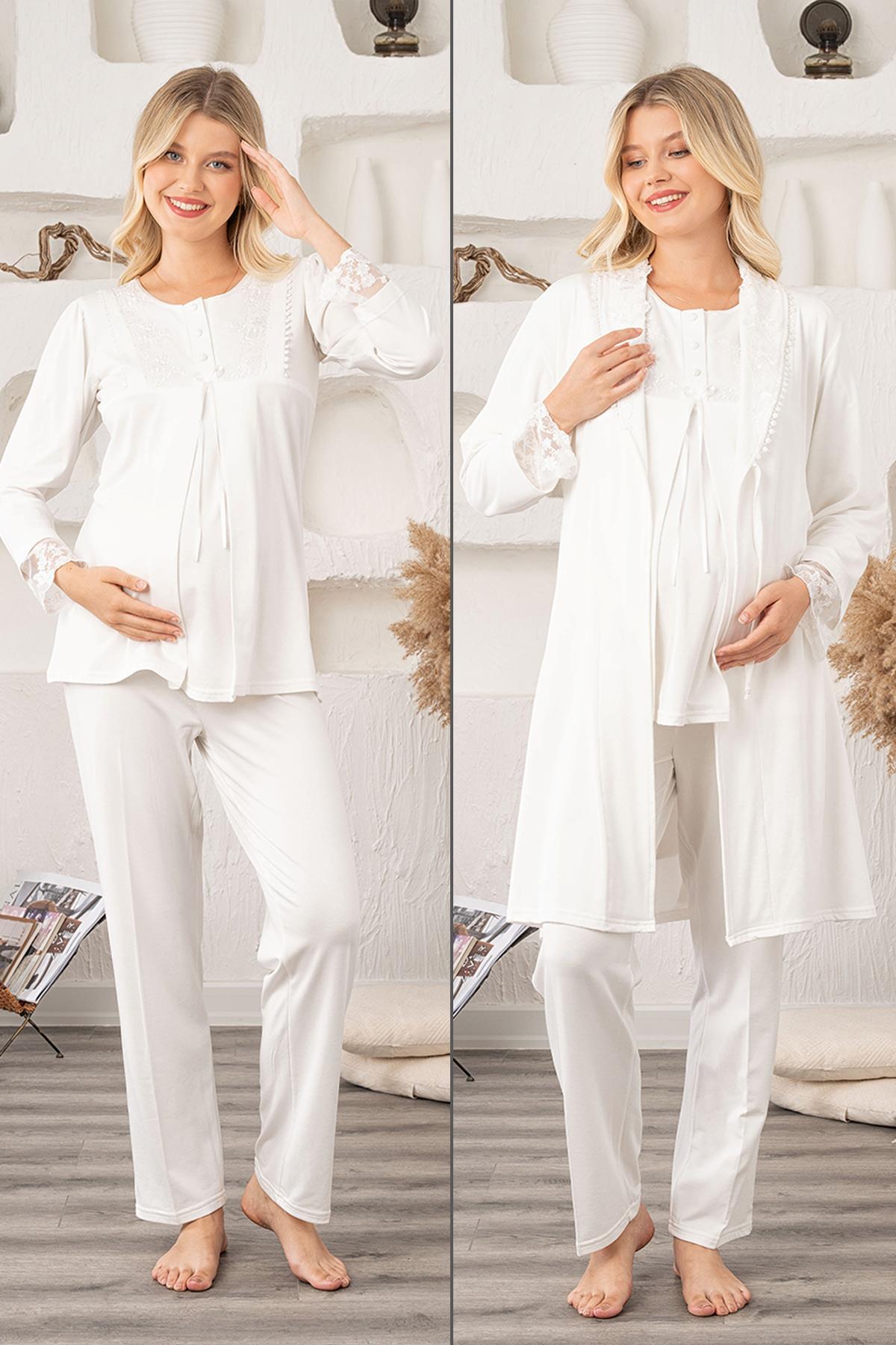 Bone 5905 Ekru Sabahlıklı Lohusa Pijama Takımı