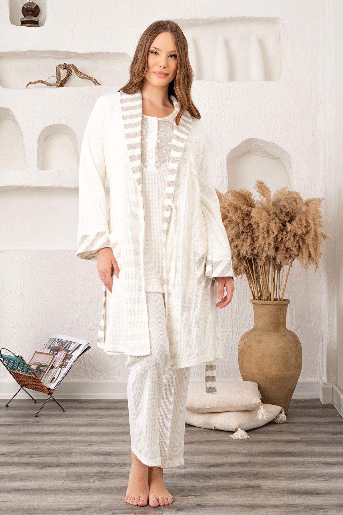 Bone 5907 Ekru Sabahlıklı Uzun Kol Lohusa Pijama Takımı