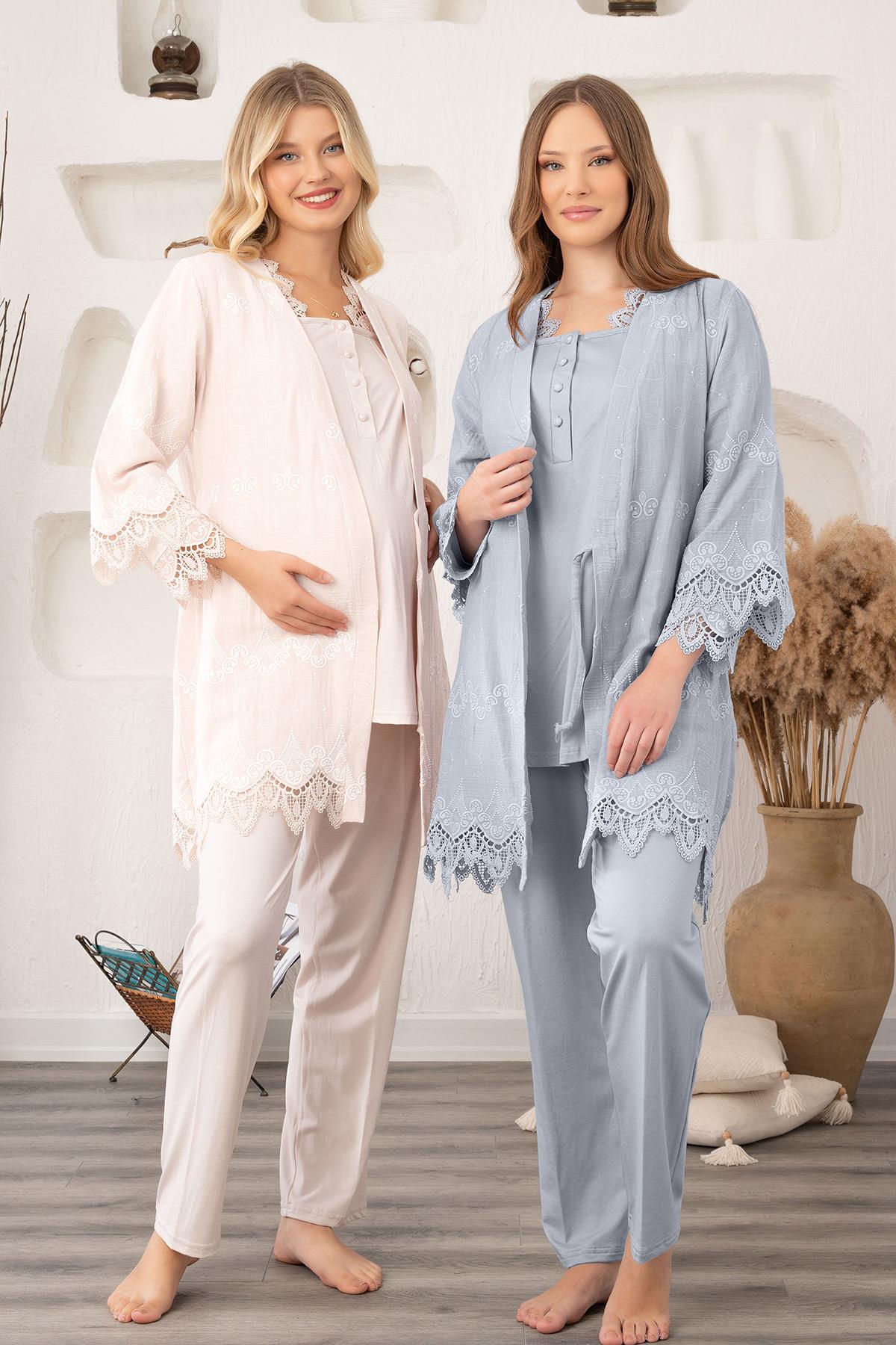 Bone 5910 Lüx Dantel Detaylı Sabahlıklı Uzun Kol Lohusa Pijama Takımı