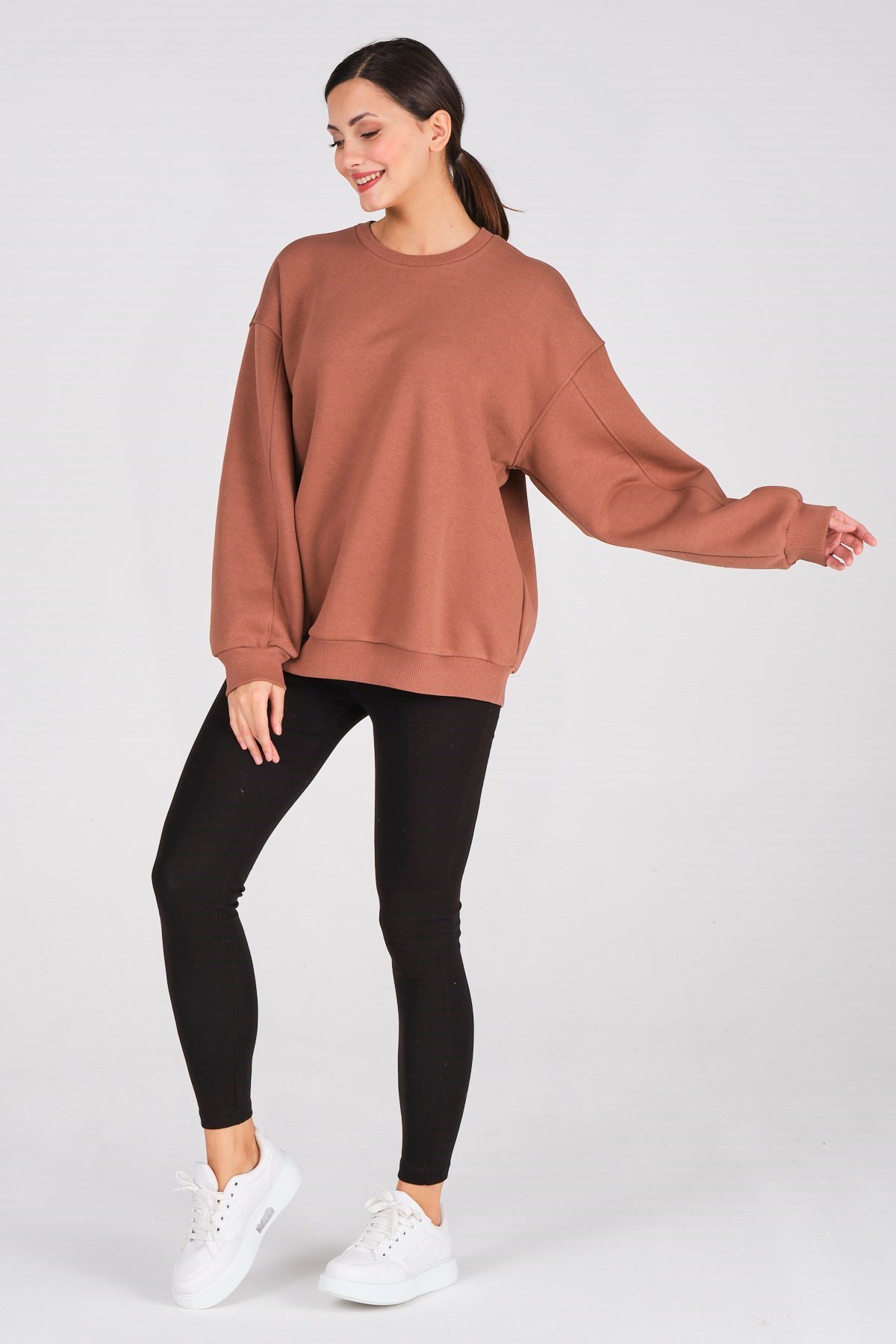 Busa Giyim Basic Oversize Termal Sweatshirt Kahverengi
