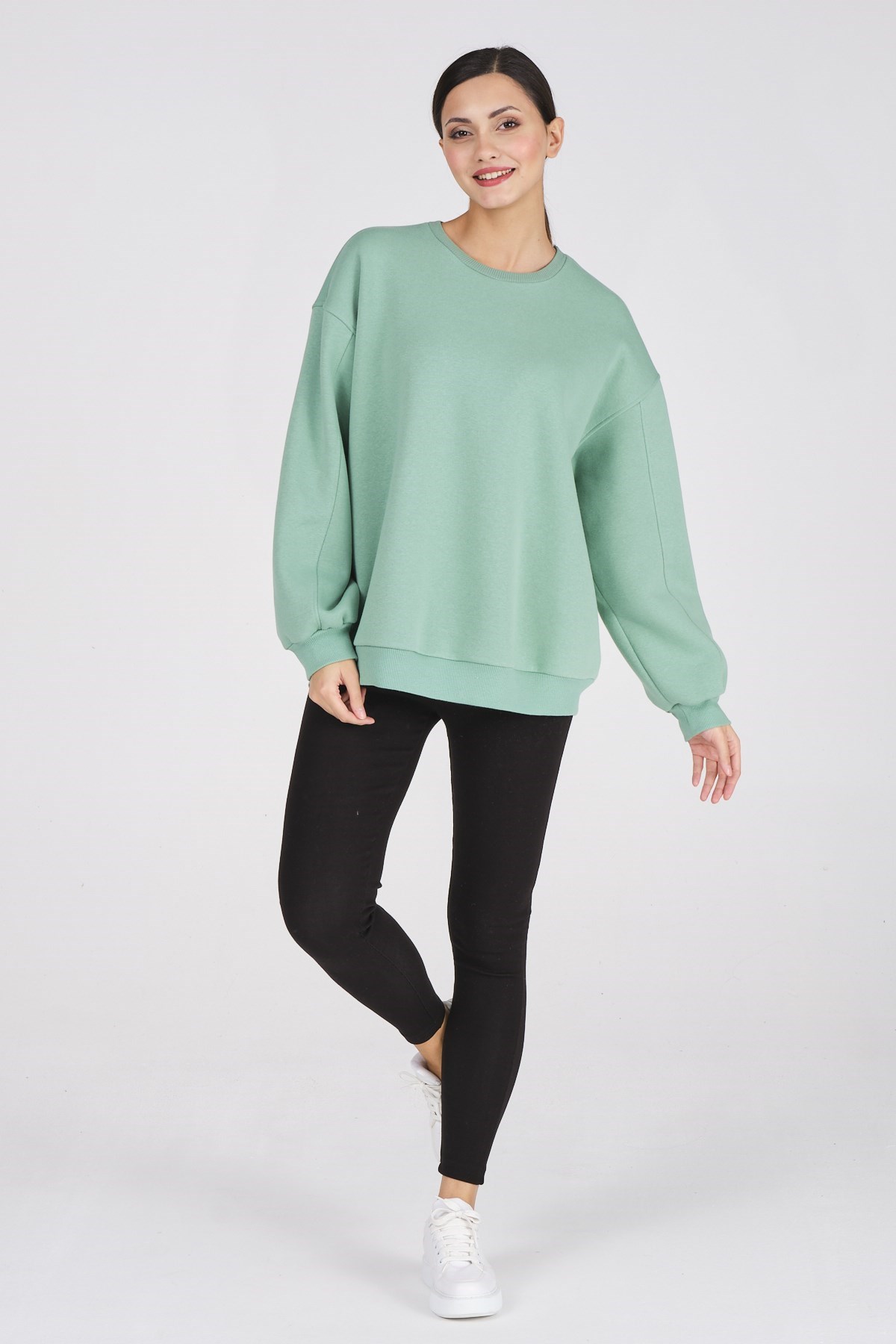 Busa Giyim Basic Oversize Termal Sweatshirt Mintyeşili