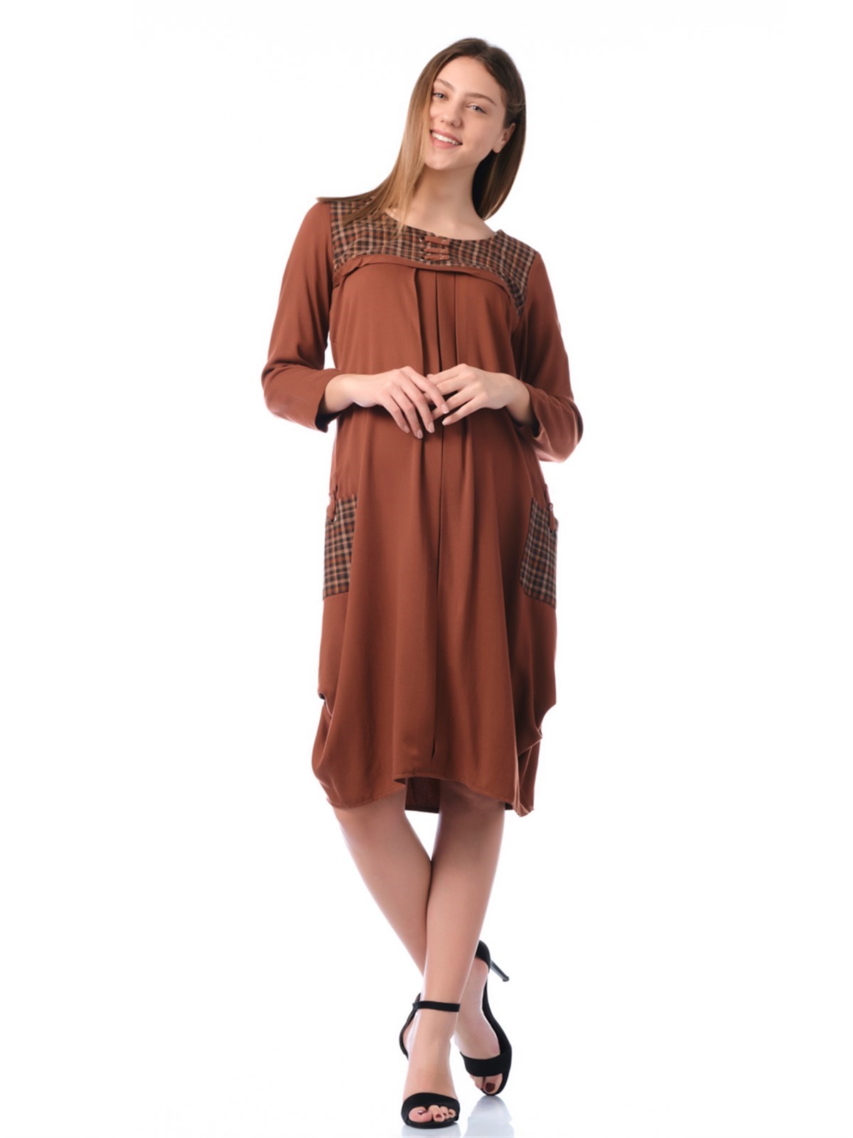 Busa Maternity  Roba Button Plaid Collar Pleated Side with pockets Brown