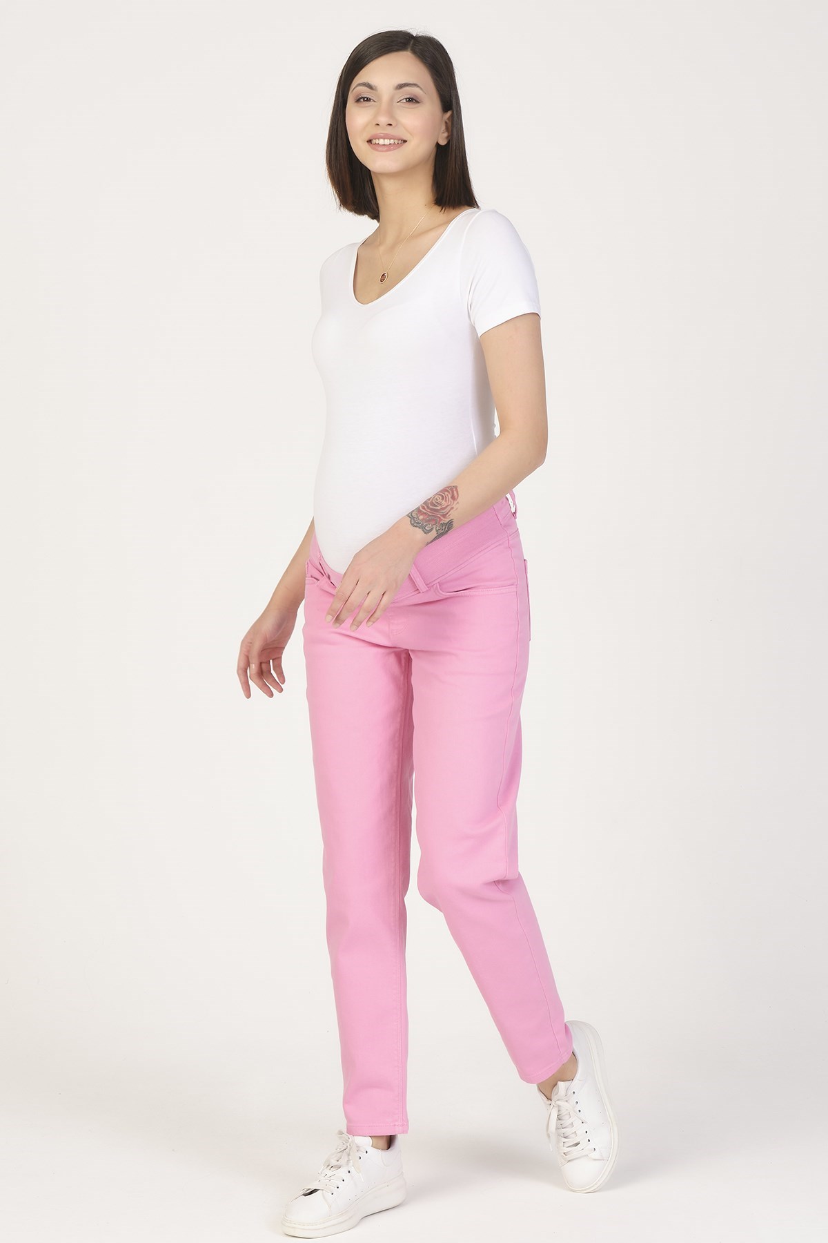 Busa Hamile Alt Karın Destekli Mom Fit Kot Pantolon Pembe