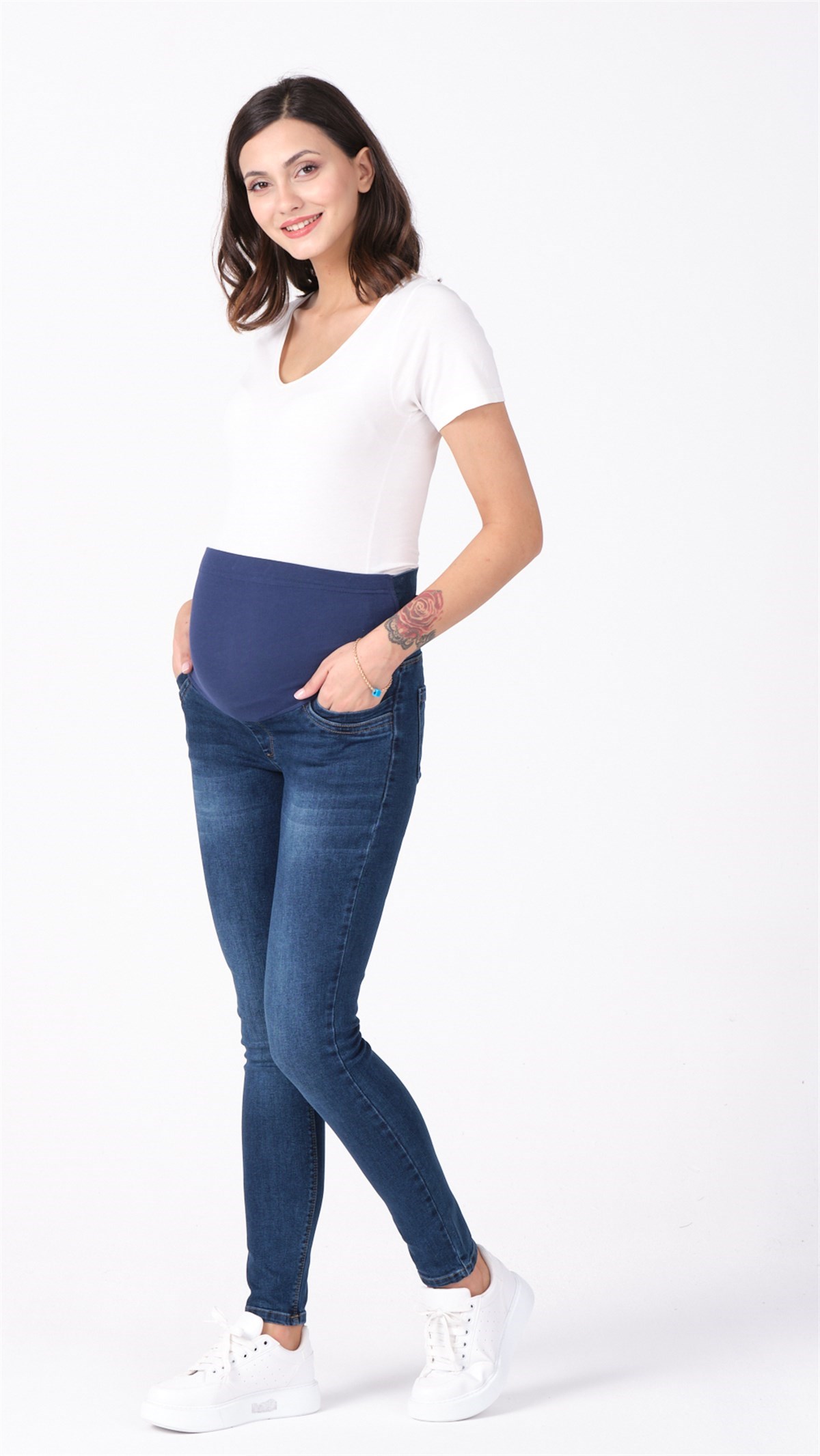 Busa Hamile Arka Kemerli Esnek Karın Bantlı Skinny Kot Pantolon Mavi
