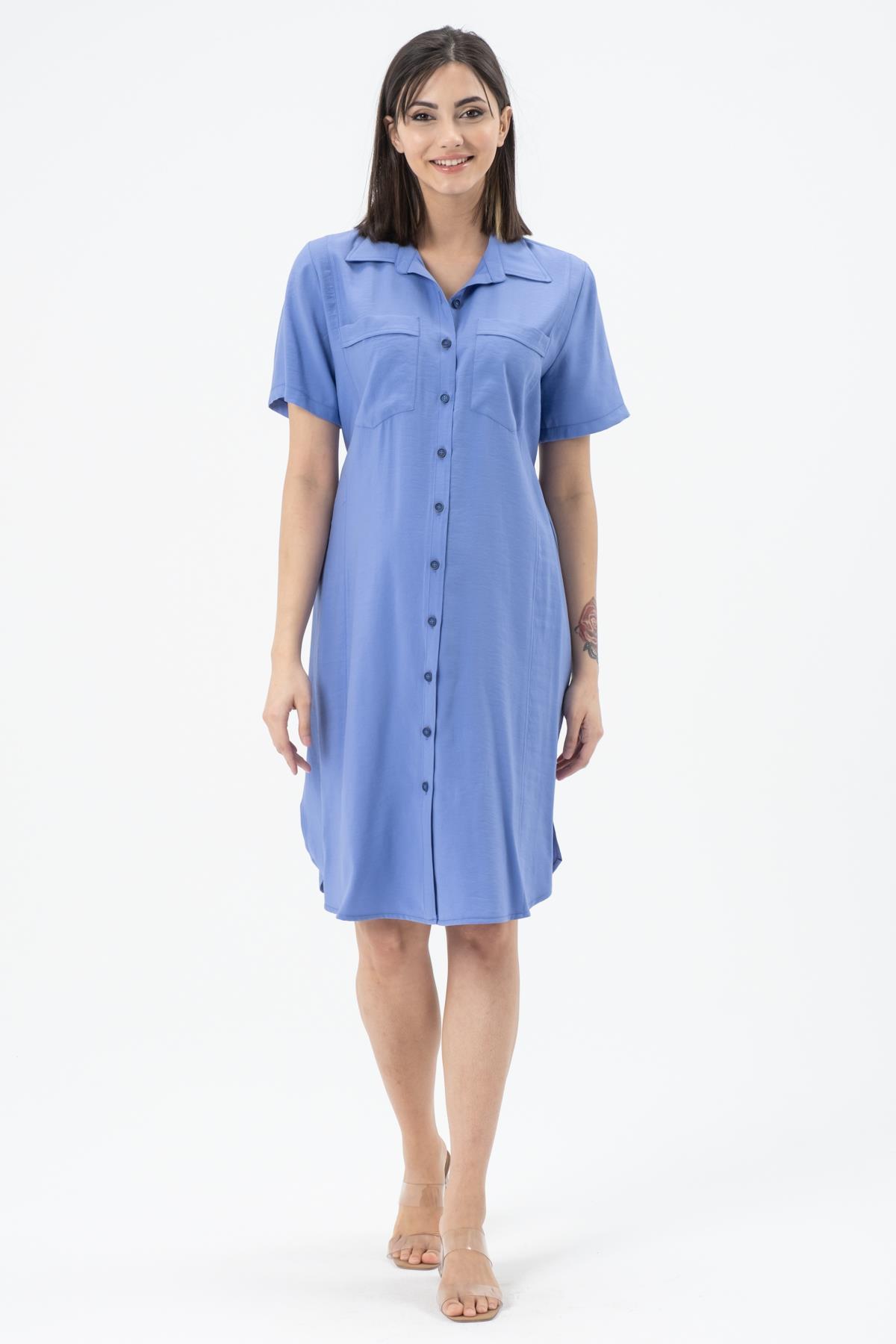 Busa Hamile Arkası Lastikli Önden Düğmeli Kısa Kollu Midi Boy Elbise Mor