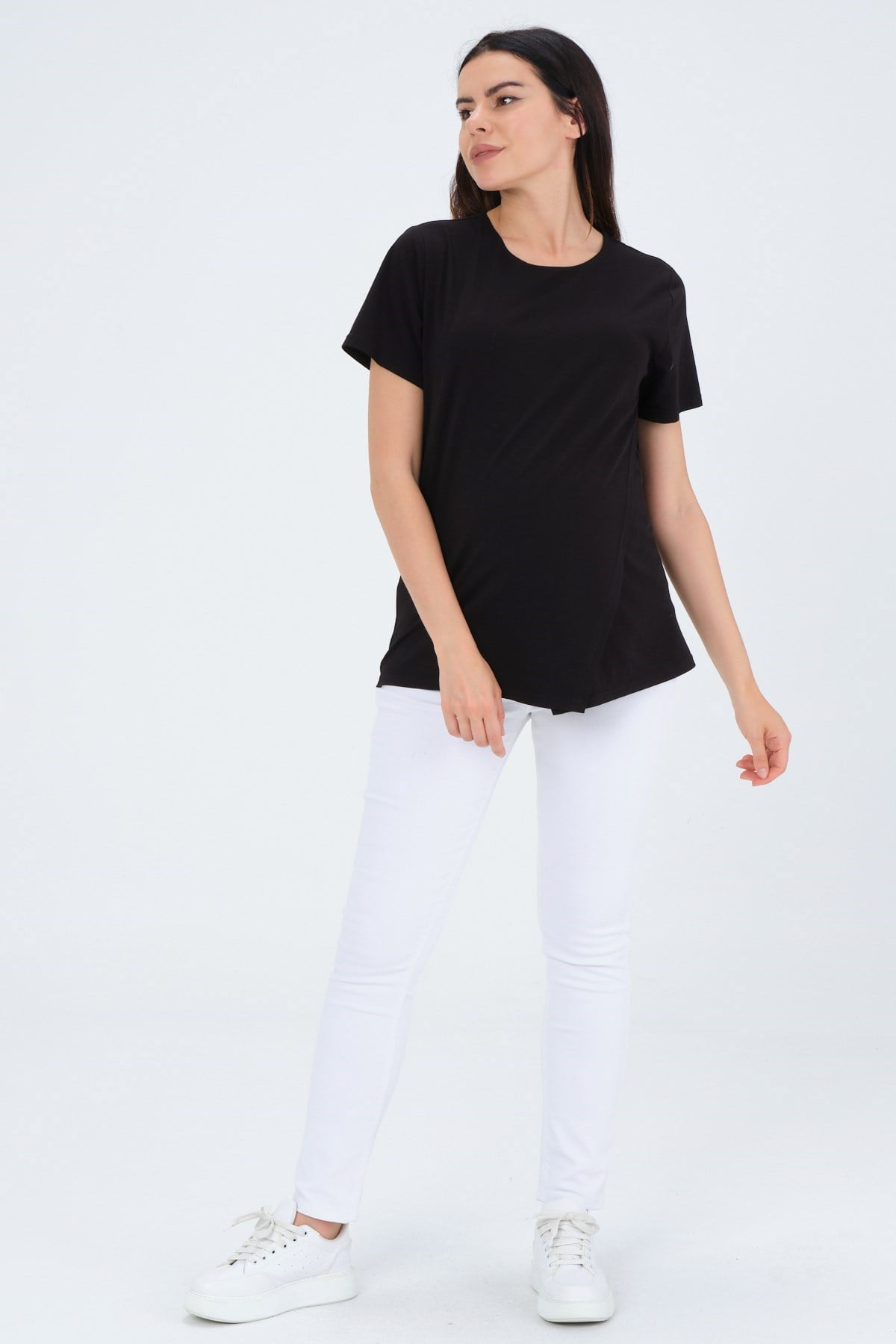 Busa Hamile Asimetrik Kesim Emzirme Detaylı Kısa Kollu T-Shirt Siyah