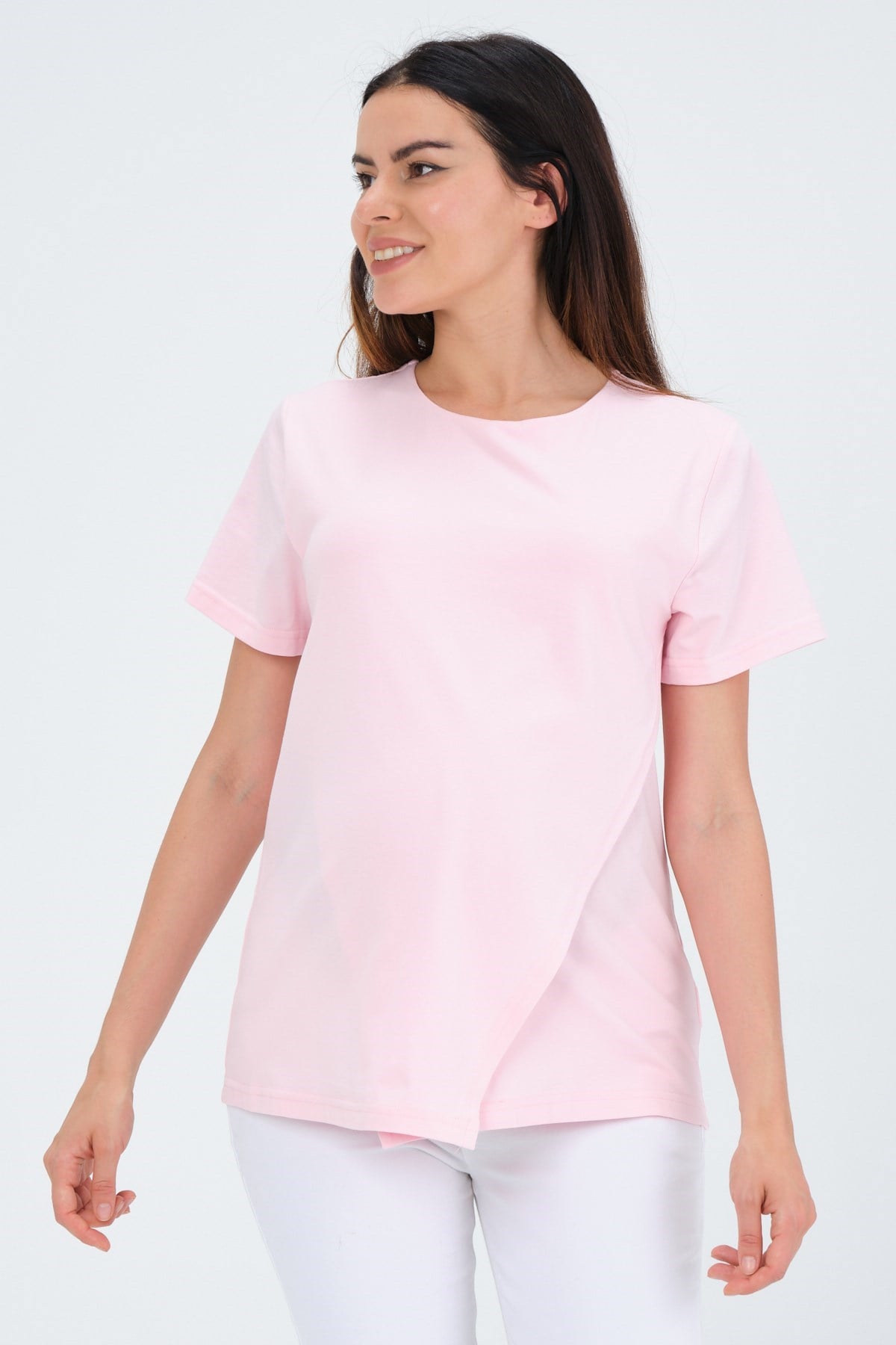 Busa Hamile Asimetrik Kesim Emzirme Detaylı Kısa Kollu T-Shirt Açık Pembe