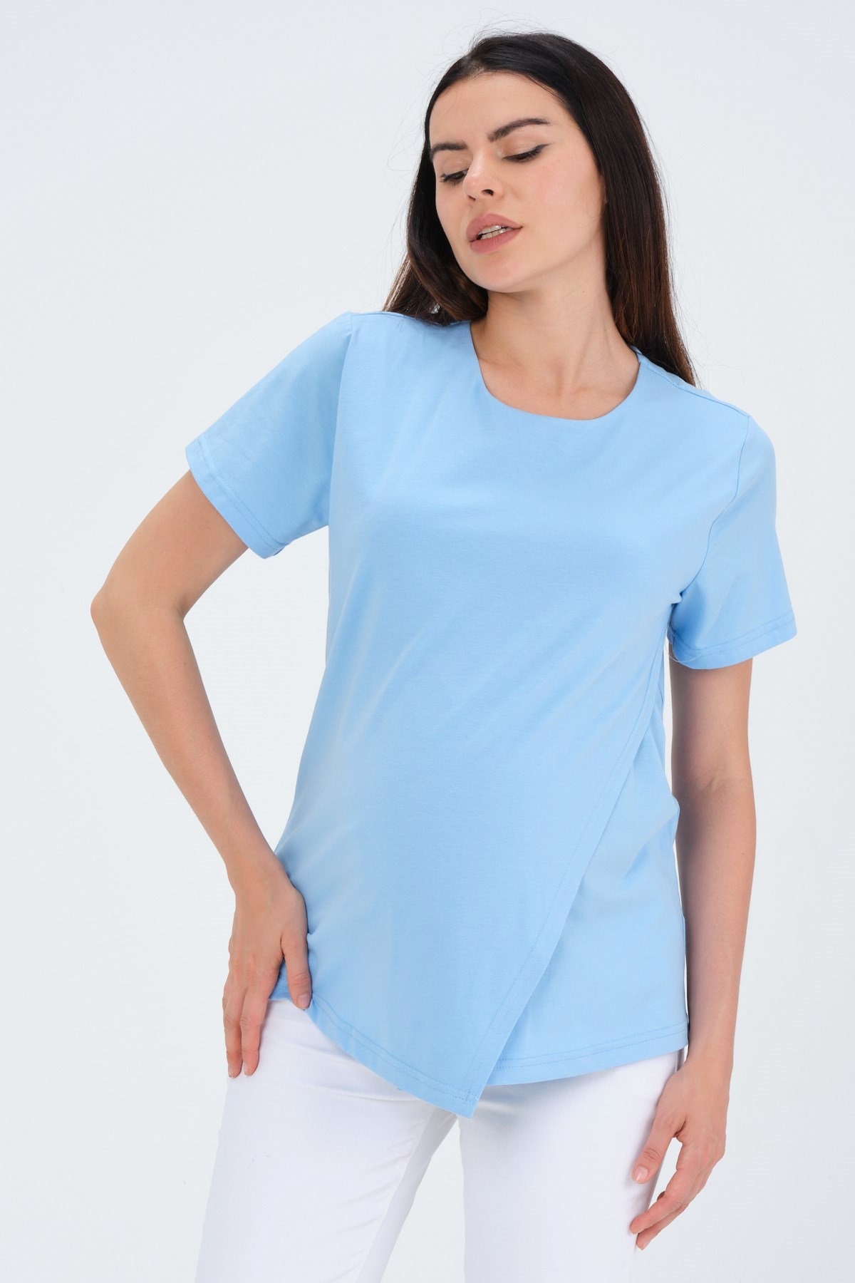Busa Hamile Asimetrik Kesim Emzirme Detaylı Kısa Kollu T-Shirt Mavi