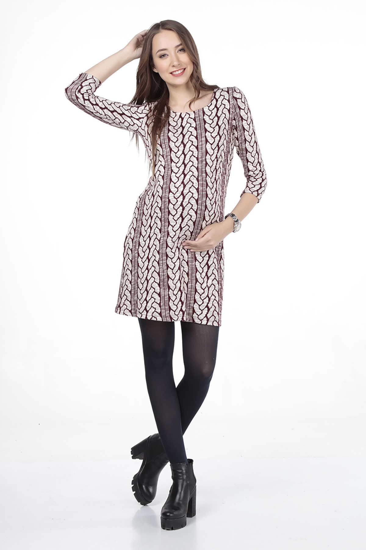 Busa Hamile Balıksırtı Desenli Pano Günlük Elbise Bordo