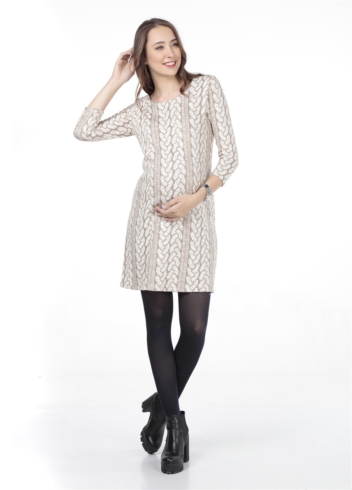 Busa Hamile Balıksırtı Desenli Pano Günlük Elbise Kahverengi