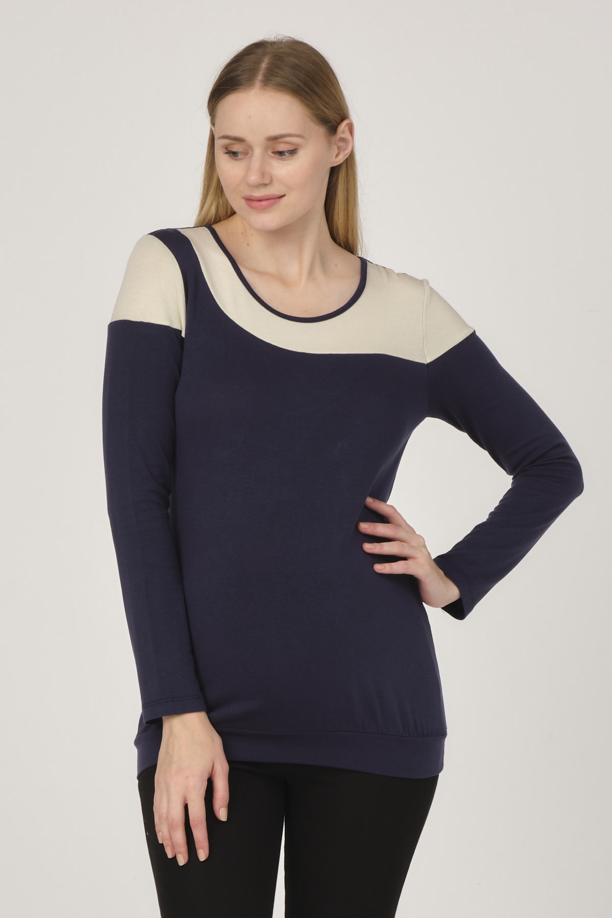 Busa Maternity Round Collar Blouse Navy Blue