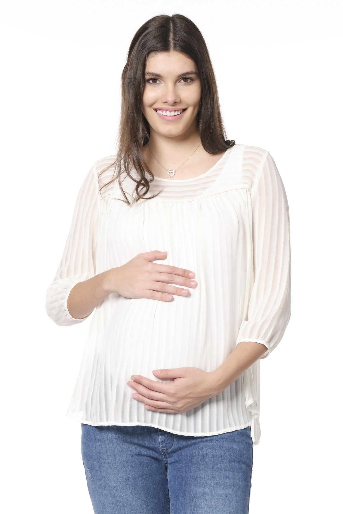 Busa Hamile Bluz Çizgi Şerit Desenli Model Ekru