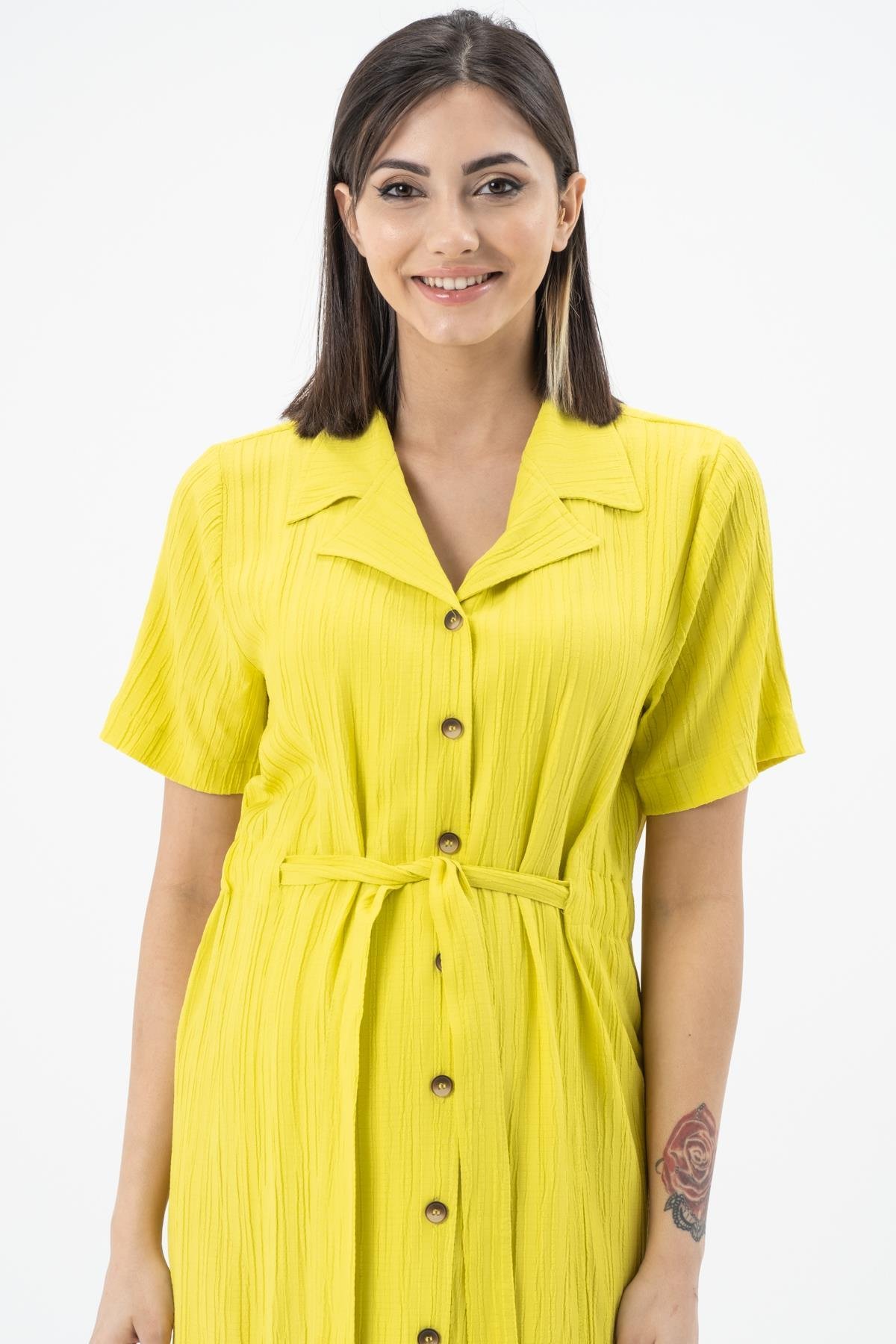 Busa Hamile Bürümcük Kumaş Kısa Kollu Kemerli Elbise Limon Yeşili