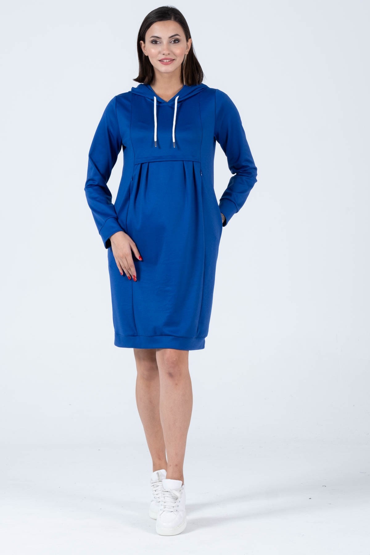 Busa Hamile Çelik Örme Emzirme Detaylı Kapüşonlu Elbise Saks