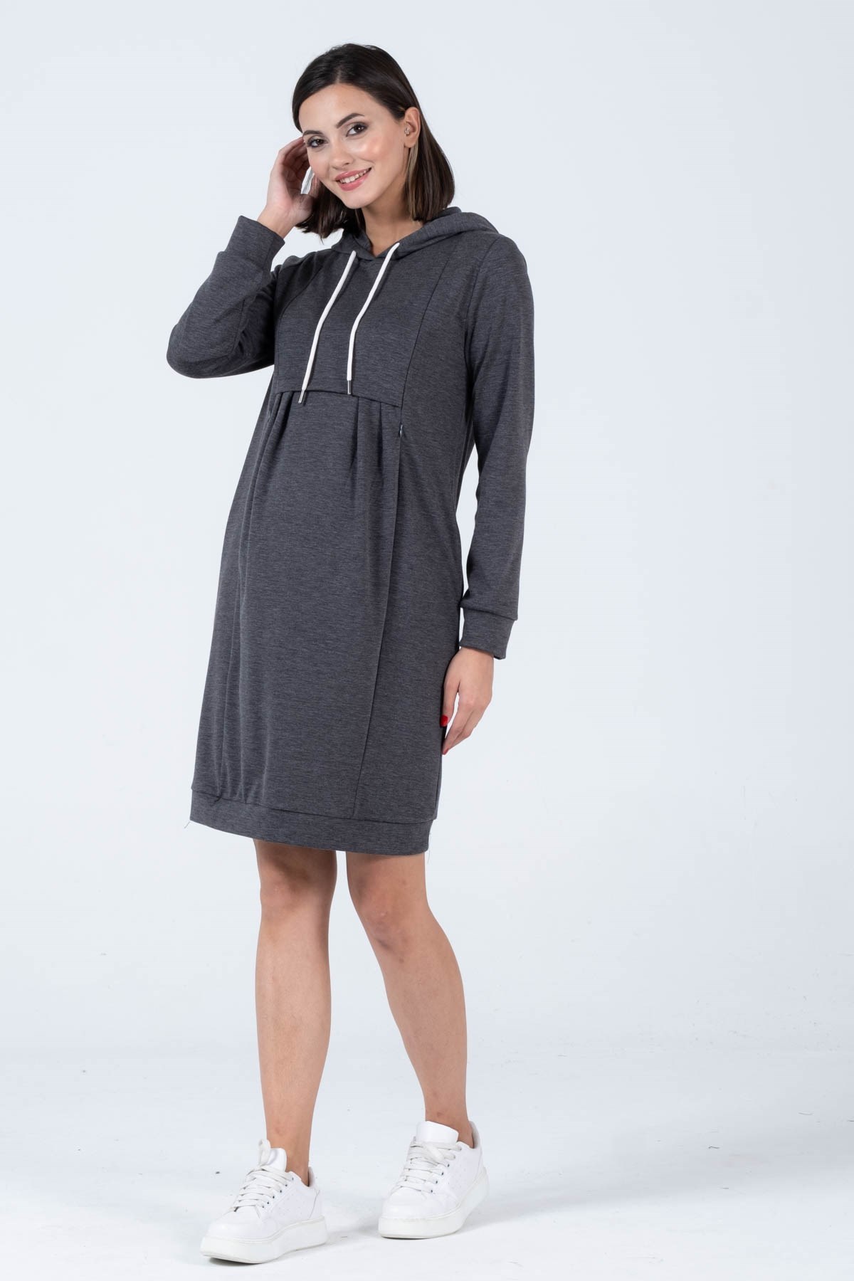 Busa Hamile Çelik Örme Emzirme Detaylı Kapüşonlu Elbise Antrasit