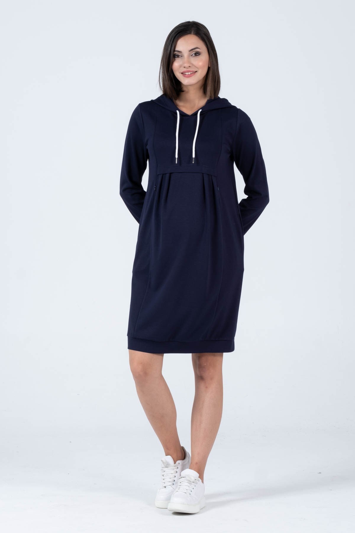 Busa Hamile Çelik Örme Emzirme Detaylı Kapüşonlu Elbise Koyu Lacivert