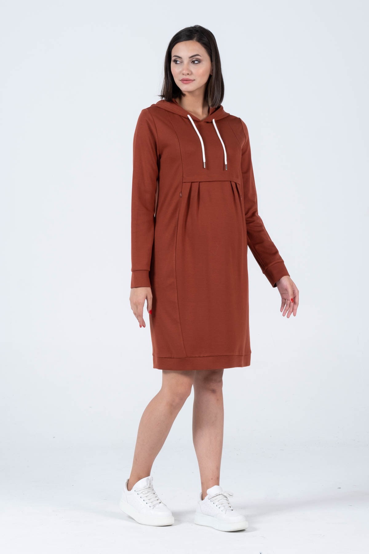 Busa Hamile Çelik Örme Emzirme Detaylı Kapüşonlu Elbise Kiremit