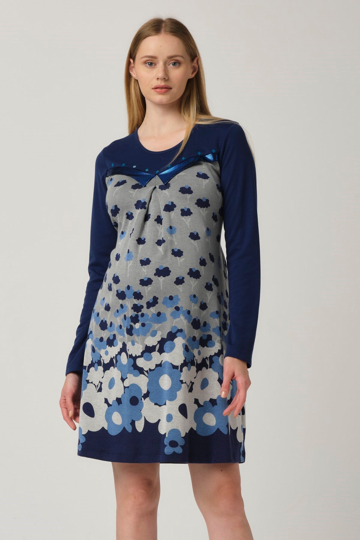 Busa Maternity Floral Patterned Long Sleeve Mini Dress Blue
