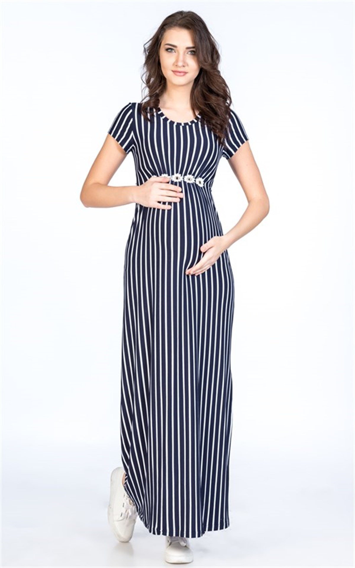 Busa Hamile Çizgili Yanda Yırtmaçlı Elbise Lacivert