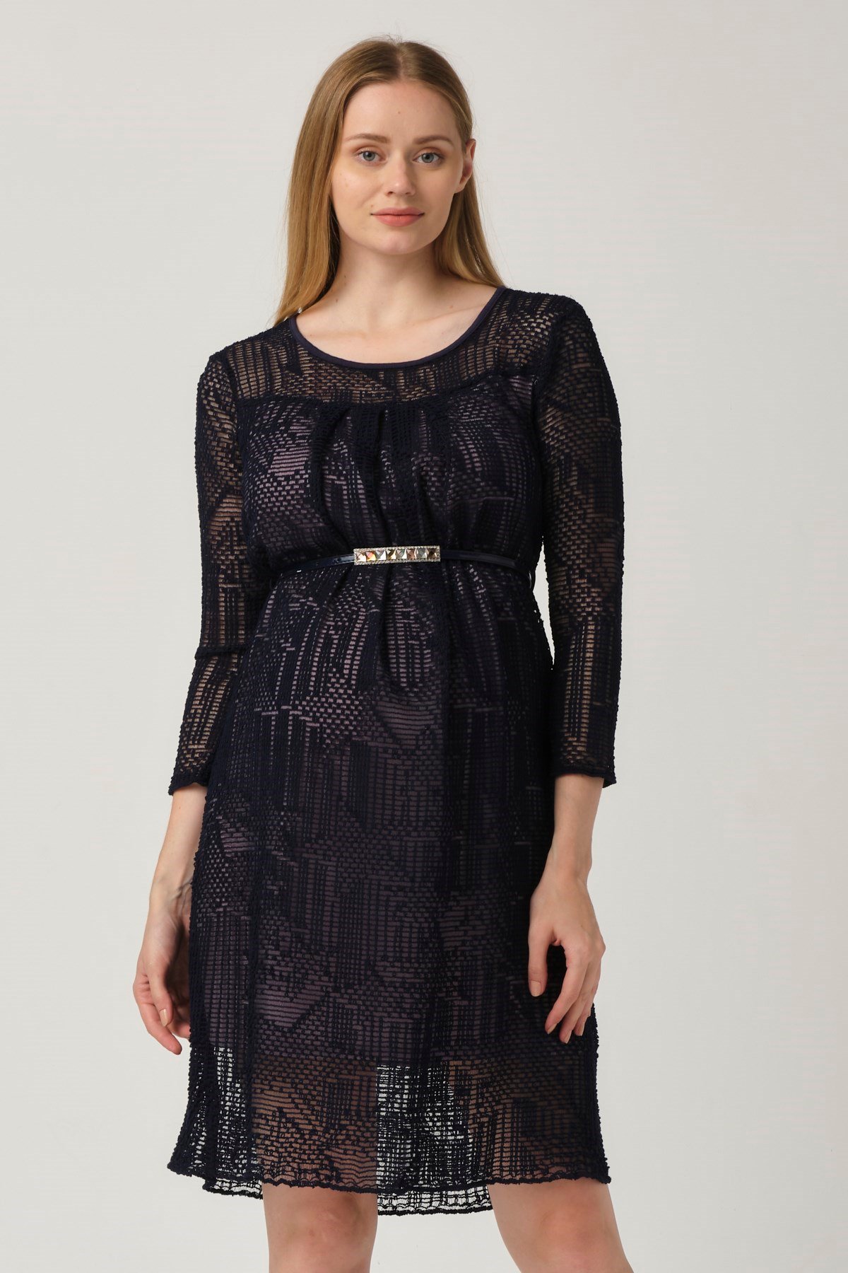 Busa Hamile Dantel Detaylı Kemerli Mini Elbise Lacivert