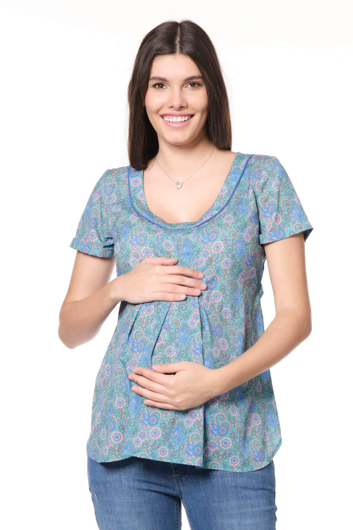 Busa Maternity Patterned Lace-up Blouse Green