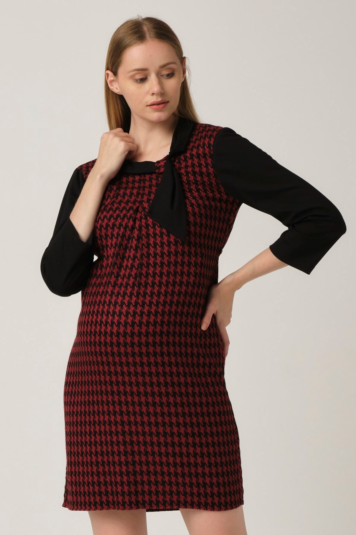 Busa Maternity Patterned Lace-up Mini Dress Burgundy