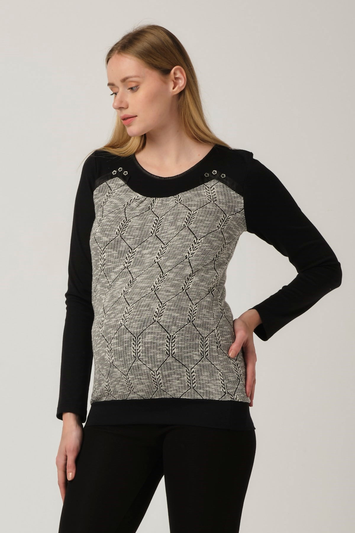 Busa Hamile Desenli Bluz Siyah