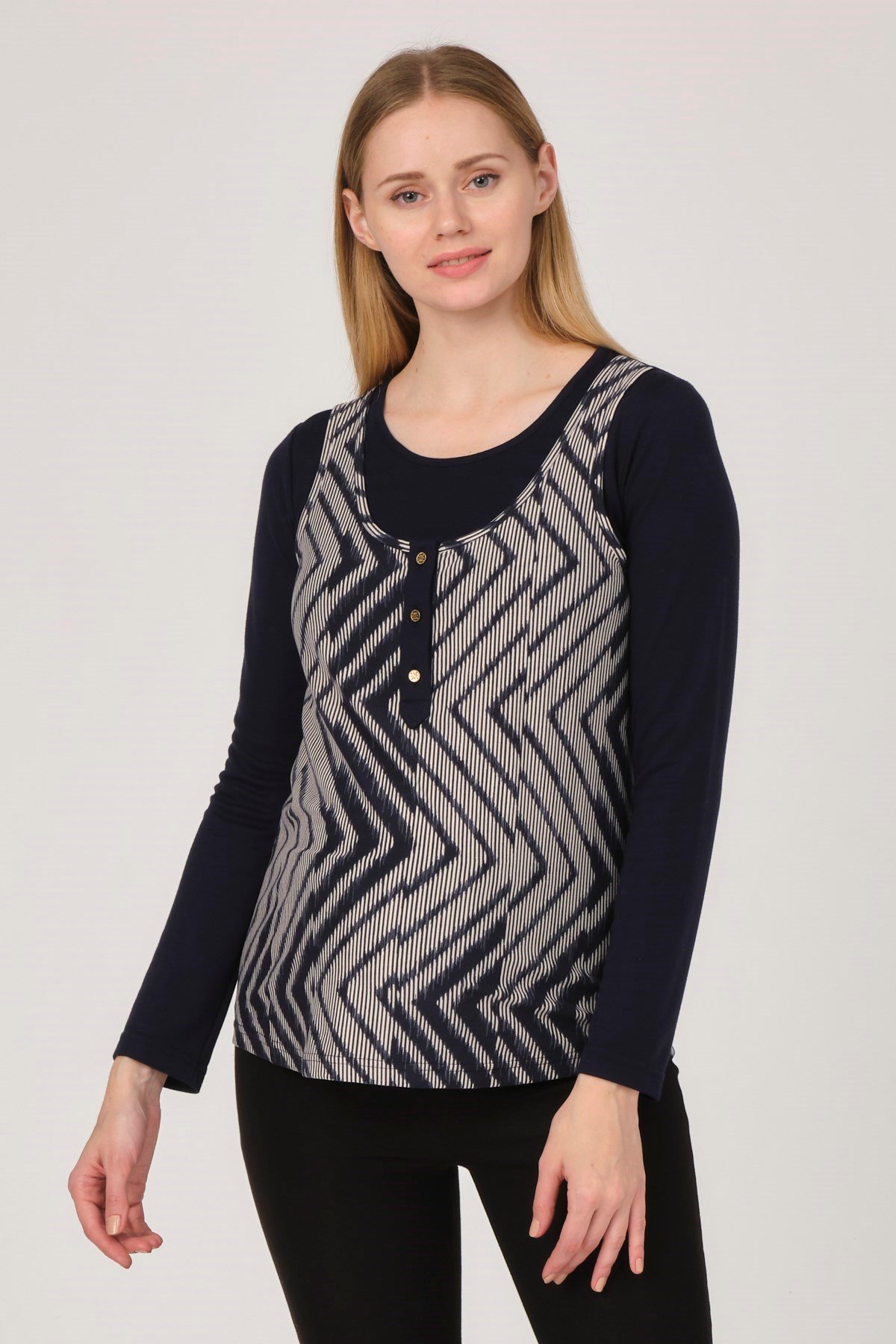 Busa Maternity Patterned Button Accessory Blouse Navy Blue