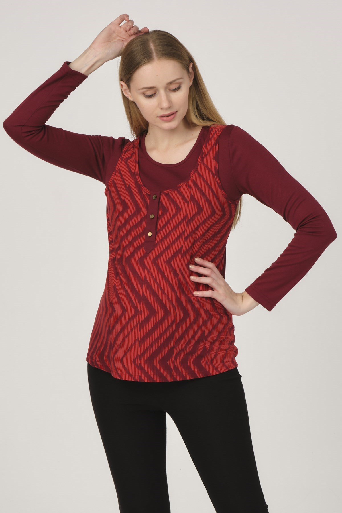 Busa Hamile Desenli Düğme Aksesuarlı Bluz Kırmızı