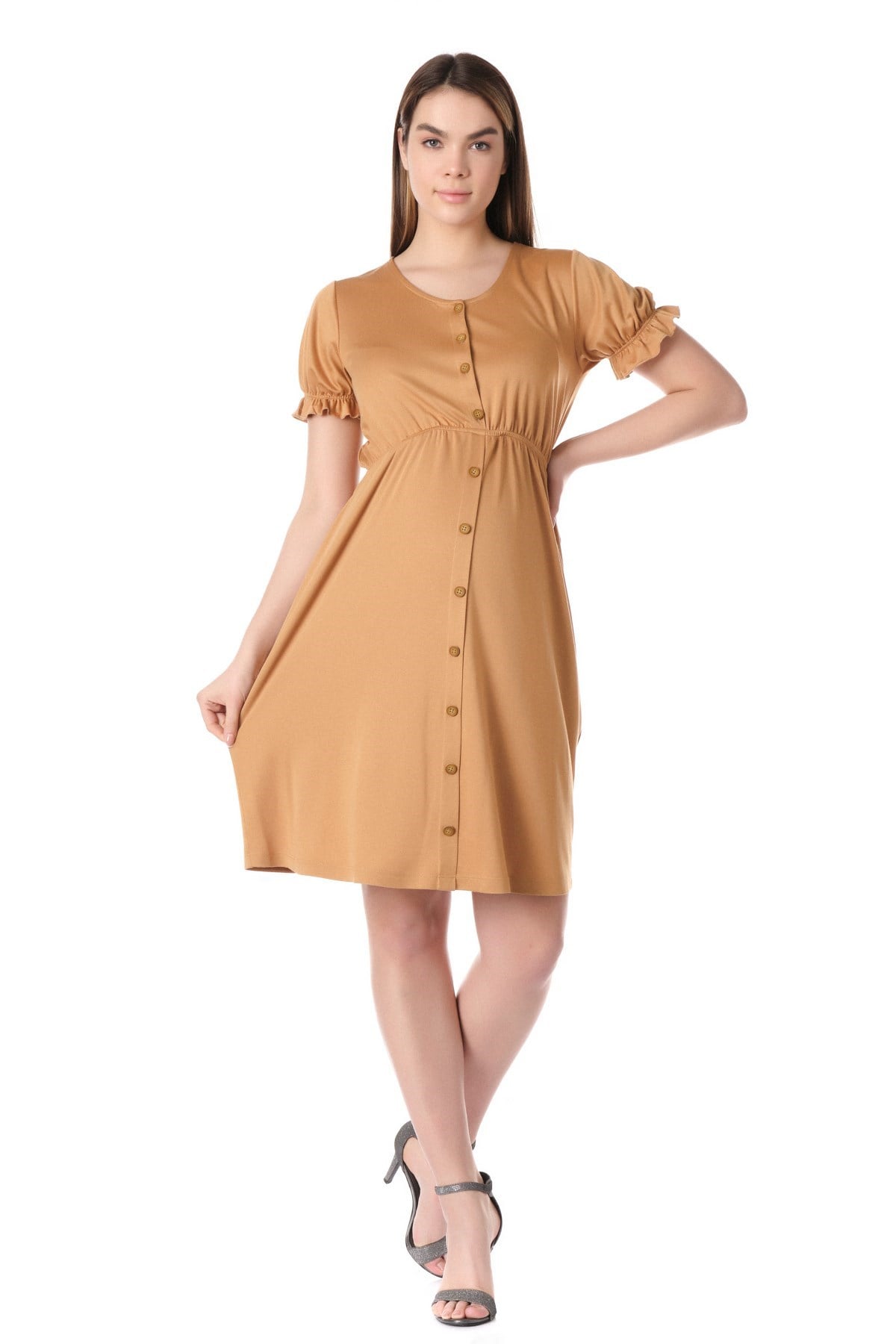 Busa Hamile Düğmeli Cepli Bel Lastikli Elbise Hardal