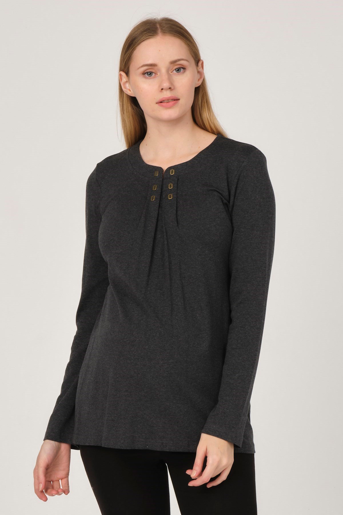 Busa Maternity Buttoned Round Collar Lace-up Blouse Light Gray