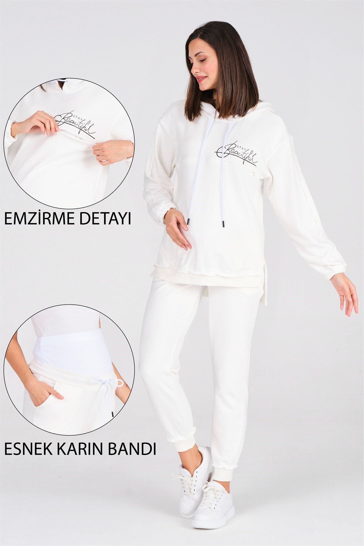 Busa Hamile Emzirme Detaylı Baskılı Eşofman Takımı Beyaz