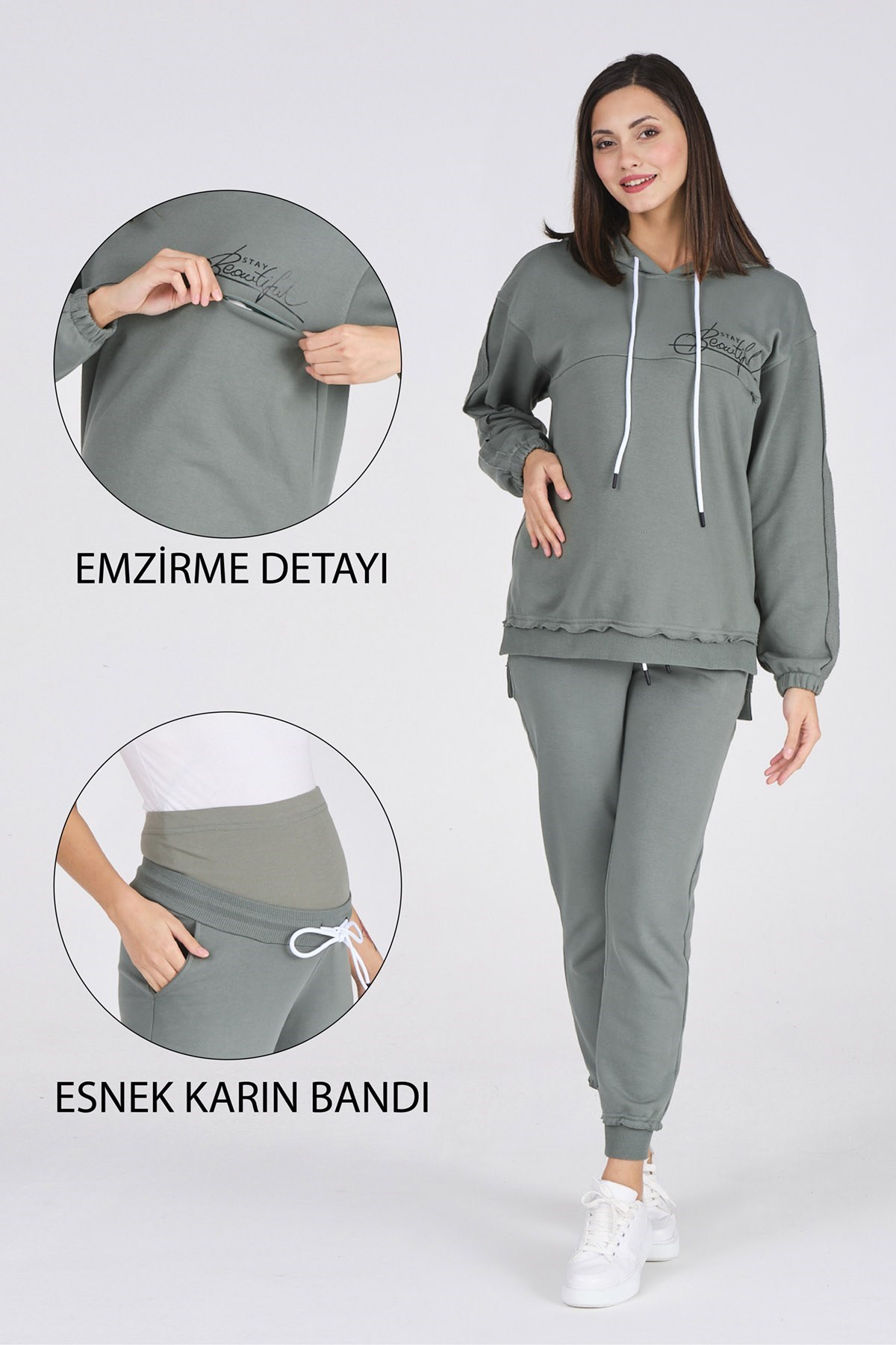 Busa Hamile Emzirme Detaylı Baskılı Eşofman Takımı Çağla