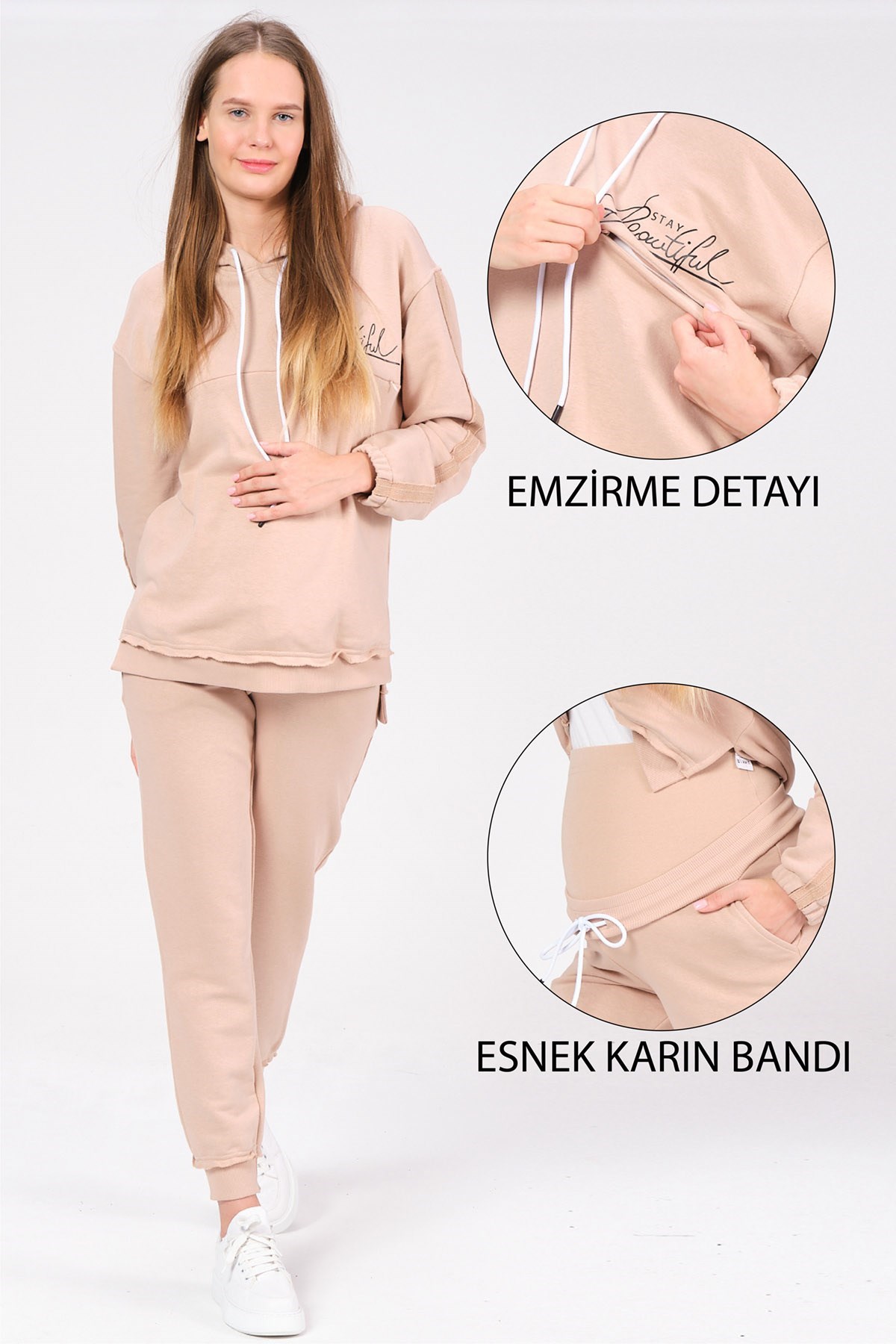Busa Hamile Emzirme Detaylı Baskılı Eşofman Takımı Bej